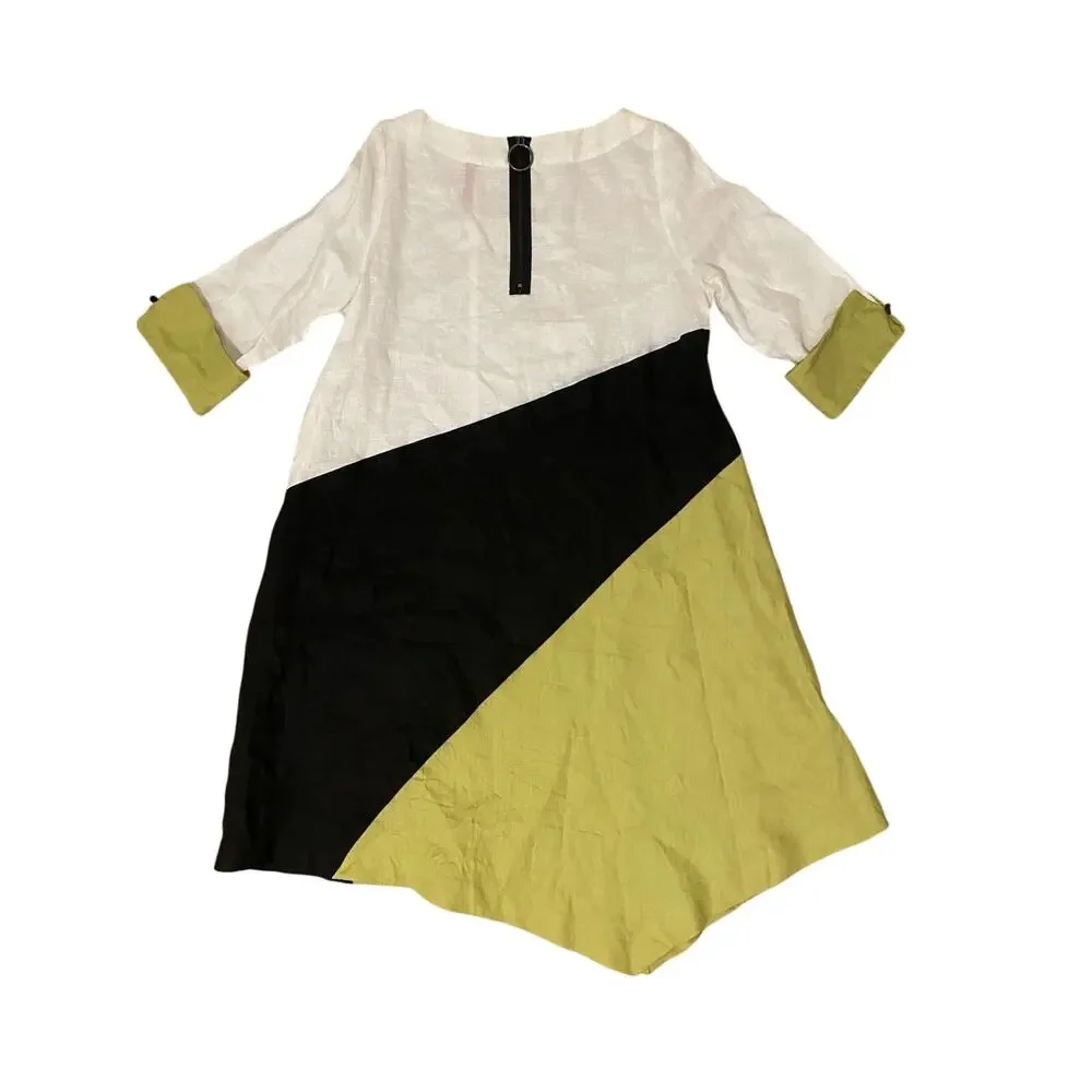 IC By Connie K Collection Linen Color Block Asymmetrical Dress Lagenlook Artsy‎